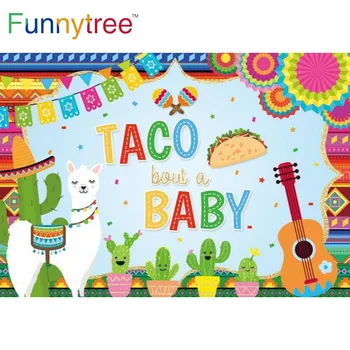 Funnytree Taco (Meksika Fiesta Baby Shower Vaikams Gimtadienio Fone Gitara Spalvinga Taškų Reklama Kaktusas Alpaka Fone