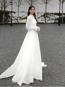 Kuklus Linijos, Organza Vestuvių Suknelės Ilgomis Rankovėmis Dubajus Arabų Moterų Spalvingas Užsakymą Chalatas De Mariee Balto Tiulio Ir Vargonai