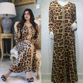Eid Ramadanas Mados Spausdinti Leopard Nėrinių Šalis Suknelė Moterims Jalabiya Dubajus arabų Musulmonų V-Kaklo, ilgomis Rankovėmis Islamo Apranga
