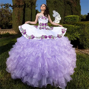 Meksikos Levandų Princesė Kamuolys Suknelė Quinceañera Suknelės 2023 Gėlės Appliques Karoliukai Raukiniai Gimtadienio Prom Partija Už 15 Mergaičių