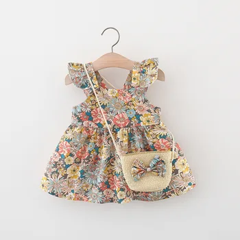 Vasaros Baby Girl Dress Naujo Derliaus Sodo Gėlių Plaukioja Rankovėmis Suknelė su Šiaudų Maišas