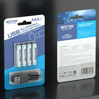 Beston Baterija USB 1,5 V 3AC No. 7 Įkrovimo Baterija (akumuliatorius 4pcs Daug 600mWh Smart Lustai Su C Tipo Įkrovimo Kabelis Nemokamas Pristatymas