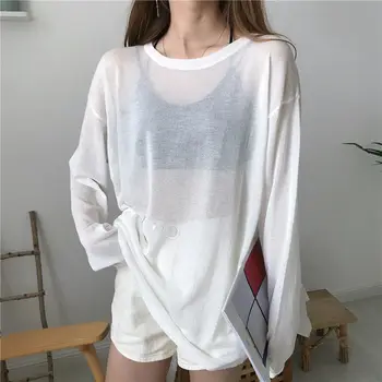 Ultra Plonas Kvėpuojantis Moterų Marškinėlius Ilgomis Rankovėmis Ledo Šilko Korėjos Prarasti Negabaritinių Atsitiktinis Moterų Tees Seksualus Bikinis Saulės Marškinėliai Viršų