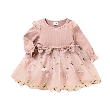 Bamblys Baby Girl Rudenį Saldus Suknelė, ilgomis Rankovėmis Apvalios Kaklo Gėlių Išsiuvinėtu Tiulio Kratinys-Line Suknelė su Laivapriekio 3M-3T