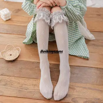 Plonas vasaros vaikų kojinės Lolita tuščiaviduriai nėriniai moterų balta vamzdžių krūva kojinių mielas nėrinių kojinės