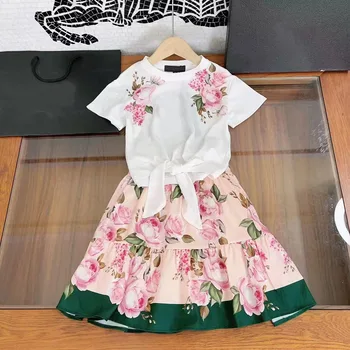 Top brand mergaičių vasaros trumparankoviai marškinėliai gėlių pusė sijono kostiumas 7898