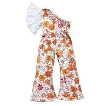 Didmeninė boutique vaikų mergaičių off-pečių nėrinių gėlių spausdinti jumpsuit bamblys gėlių vientisas kelnės ir kelnės