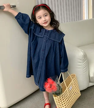 2023 Korėja stiliaus merginos džinsinio audinio suknelė mados medvilnės visą rankovės pavasario mergaičių suknelės, 2-8 metų AA316
