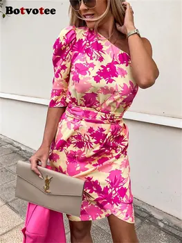 Botvotee Vasaros Suknelė Moterims Vieną Petį Off Peties Gėlių Spausdinti Mini Suknelės 2023 Mados Slim Atsitiktinis Elegantiška, Seksuali Suknelė