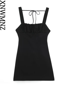 XNWMNZ 2023 Moterų Mados Lino Mišinys Mini Suknelė Vintage Kvadratinių Iškirpte Platus Dirželiai Atviros Nugaros Kaklaraištis, Moterys Elegantiškos Suknelės