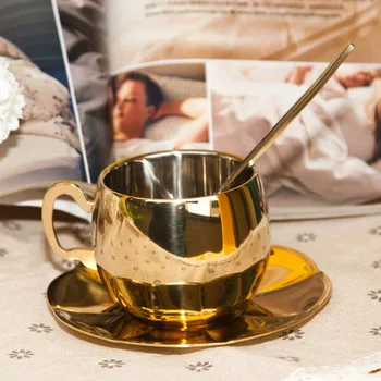 Dvigubo Sluoksnio 304 Nerūdijančio Plieno Kavos Puodelio ir lėkštes Auksas, sidabras espresso puodeliai, Puodelis teacup dizaino tazas de kavinė namų Geriamojo