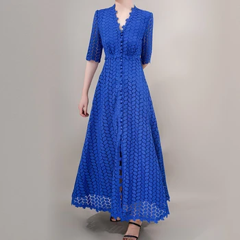 Aukštos Kokybės kilimo ir tūpimo Tako Dizaineris Juoda Nėrinių Suknelė Moterims 2023 Vasaros Derliaus Elegantiškas V-kaklo trumpomis Rankovėmis Plisuotos Ilgos Suknelės Moteris