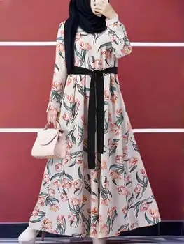 ZANZEA Moterų Musulmonų Elegantiškas Maxi Suknelė, Prašmatnus Gėlių Spausdinti Skraiste Longue Rudenį Šalies Dubajus Abaja Turkija Hijab Suknelės Negabaritinių 2023