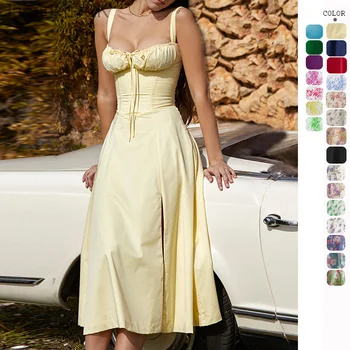 Plonas Bodycon Elegantiškas-line Suknelė Moterims Spageti Dirželis 2023 Vasaros Suknelė Aukštos Padalinta Šalis Seksualus Midi Ilgio Suknelės