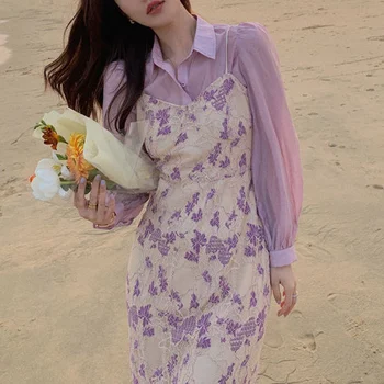 2021 Vasaros Derliaus Midi Suknelė Moterims Atsitiktinis Dizaino Elegantiškas Gėlių Dirželis Suknelė Paplūdimys, One Piece Suknelė Korėjos OffIce Lady
